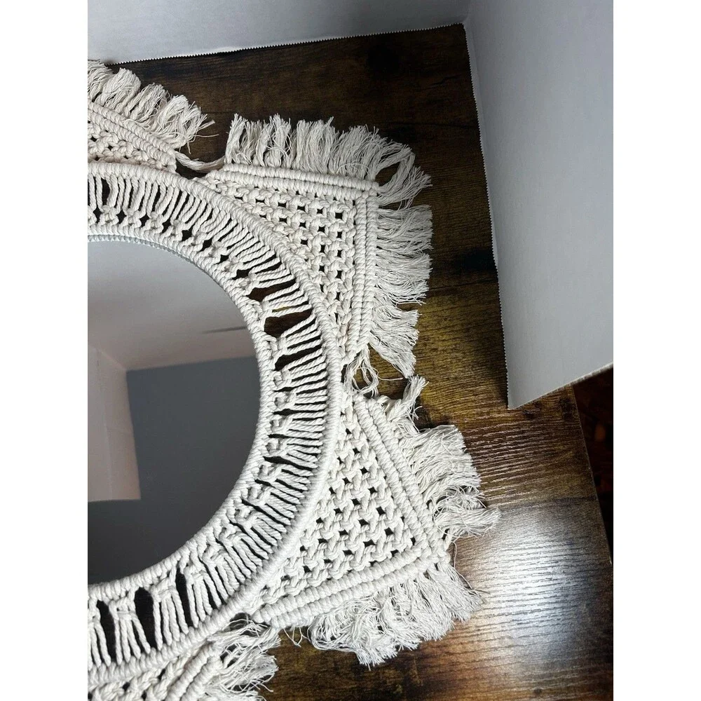 Boho Macrame Wall Mirror Round Fringe Woven Cotton Decor 20” Handmade Chic Home